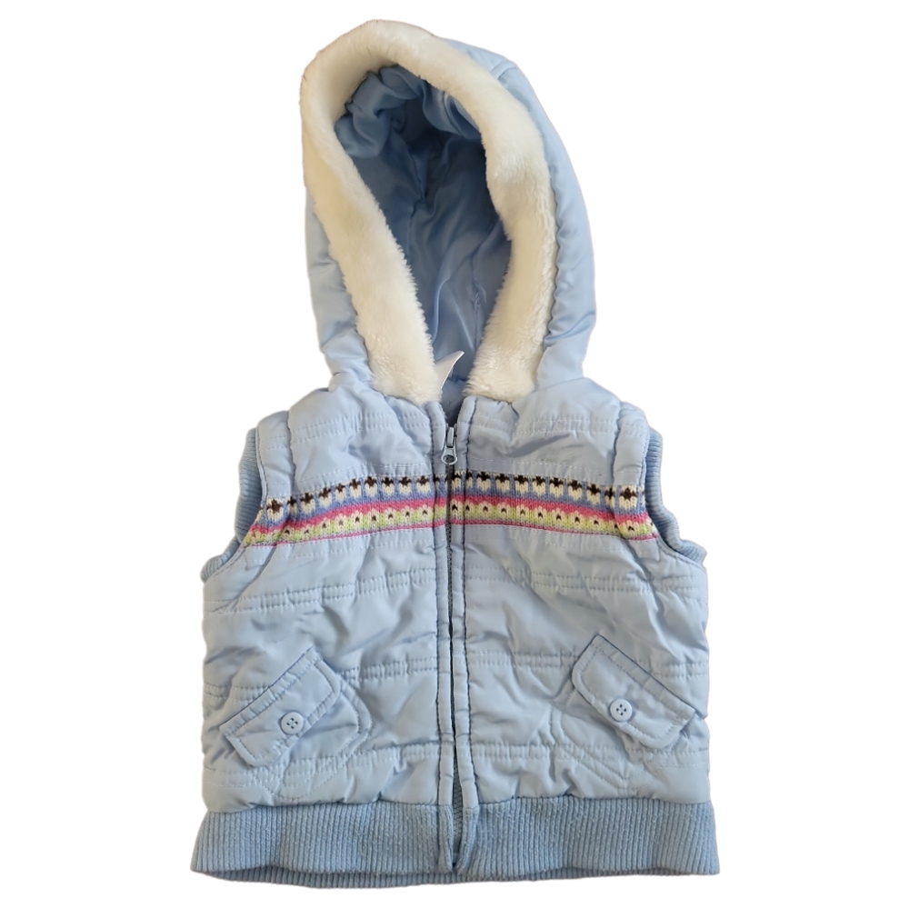 Infant Girl's Hooded Puffy Winter Vest Lined  18M Blue Knitted Design